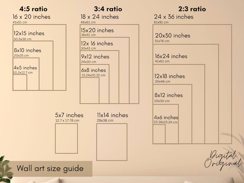 May include: A wall art size guide with different ratios and measurements in inches and centimeters. The guide shows the dimensions of various sizes of wall art, including 4:5, 3:4, and 2:3 ratios.