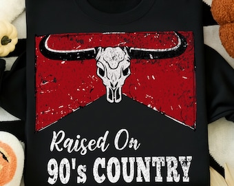 Criado con música country de los 90 PNG, Calavera de toro country PNG, Diseño de camiseta retro western, Camiseta vintage country para chica, Diseño digital