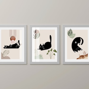 Conjunto de 3 estampas de gatos, arte de parede de gatos boho, arte de gatos para impressão para creche, impressão de arte de gatos pretos, pôster de gatos de 3 peças, arte de parede de gatos pretos abstratos