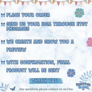 Peut inclure: Graphique bleu clair et blanc avec le texte "PLACE YOUR ORDER", "SEND US YOUR IDEA THROUGH ETSY MESSAGES", "WE CREATE AND SHOW YOU A PREVIEW", "WITH CONFIRMATION, FINAL PRODUCT WILL BE SENT", et "THANK YOU". L'image comprend &eacute;galement des illustrations florales et de papillons.