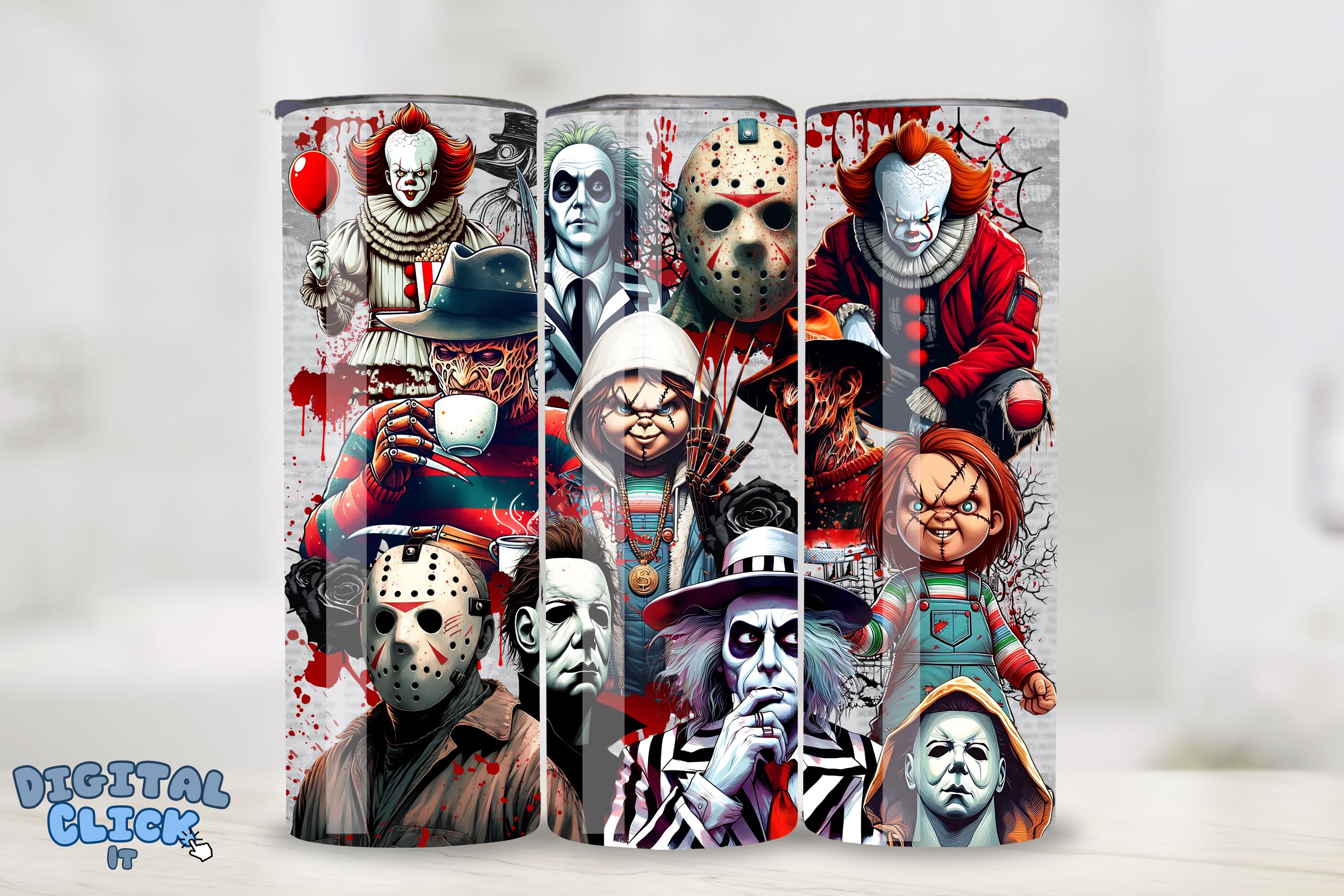 Horror movie characters 20 oz skinny tumbler wrap, Killer friend Halloween tumbler, Scary movie png, Scary horror tumbler sublimation design