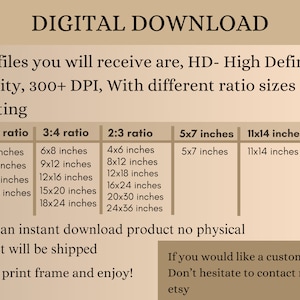 May include: A digital download listing for printable art prints. The listing includes different aspect ratio sizes for printing, including 4:5, 3:4, 2:3, 5x7 inches, and 11x14 inches. The text states that the files are high definition, 300+ DPI. The listing also includes a note that a custom size can be requested.