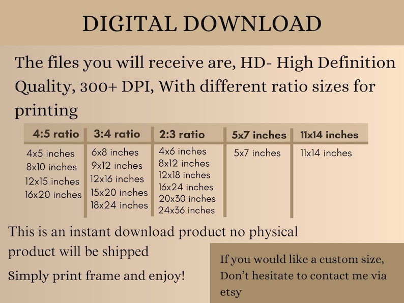 May include: A digital download listing for printable art prints. The listing includes different aspect ratio sizes for printing, including 4:5, 3:4, 2:3, 5x7 inches, and 11x14 inches. The text states that the files are high definition, 300+ DPI. The listing also includes a note that a custom size can be requested.