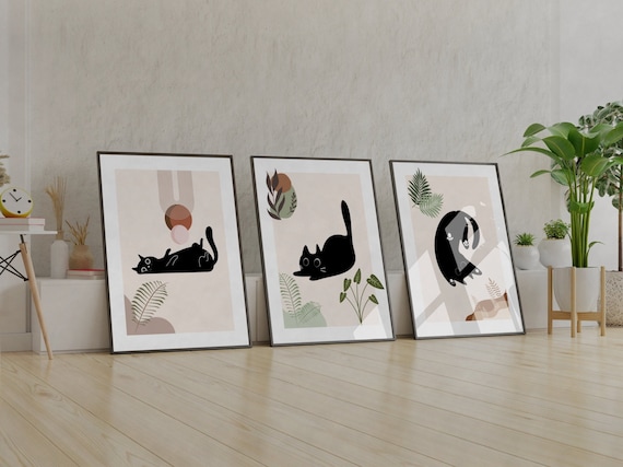 Set Of 3 Cat Print, Boho Cat Wall Art, Printable Cat Art For Nursey, Black Cat Art Print, 3 Piece Cat Poster, Abstract Black Cat Wall Art