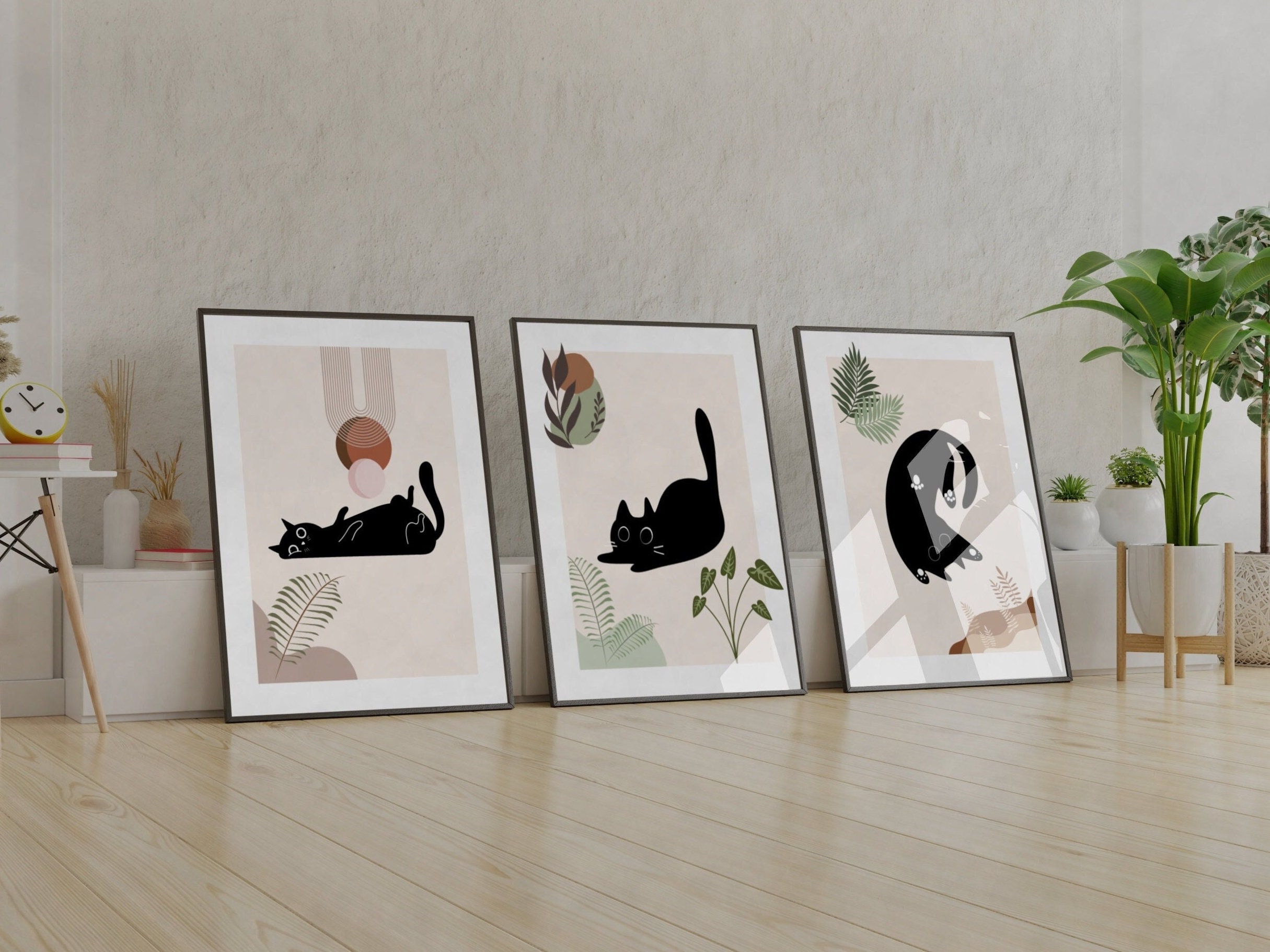 Set of 3 Cat Print, Boho Cat Wall Art, Printable Cat Art for Nursey ...