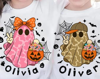 Fantasma de Halloween personalizado (PNG), Fantasma de camuflaje de Halloween personalizado (PNG), Niño y niña (PNG), Temporada espeluznante (PNG), Gorra y lazo coqueto (PNG)