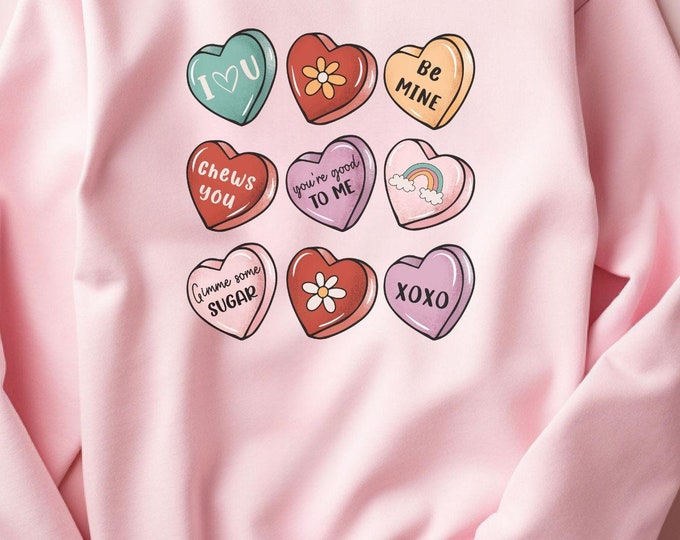Conversation Hearts, Valentines apparel, candy heart sweater, Valentine sweatshirt, cute Valentine outfit, romantic gift, cozy sweater