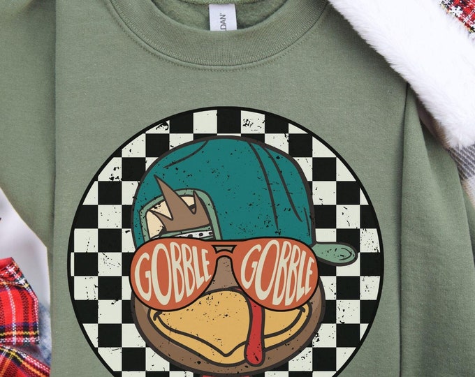 Gobble Gobble, Retro pullover, holiday sweater, Fall checker shirt, Quirky clothing, Vintage holiday shirt, Turkeyday apparel, Cozy sweater