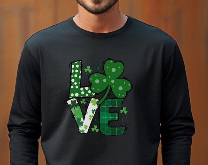 LOVE, St. Patrick’s Day shirt, shamrock shirt, Irish graphic tee, Irish-themed clothing, festive outfit, lucky clover shirt, St. Paddy’s day