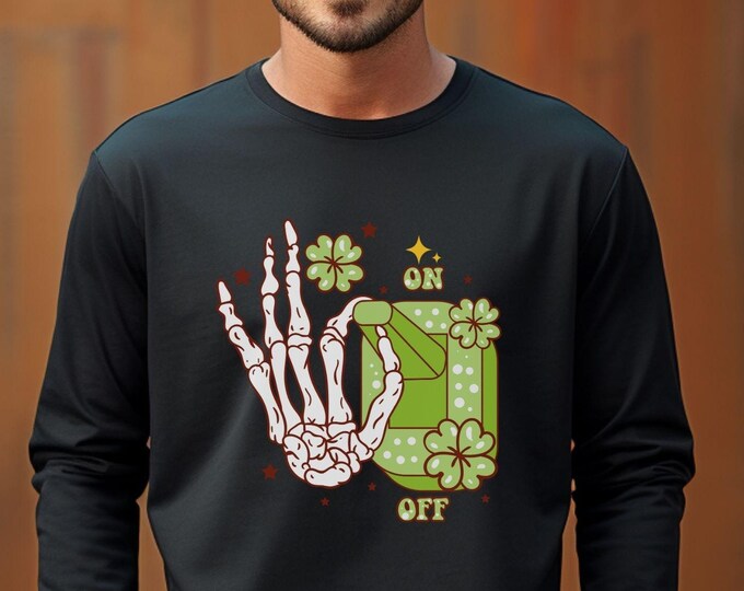 Skeleton Hand Switch, St. Patrick’s Day, spooky Irish shirt, shamrock graphic tee, holiday shirt, gothic Irish clothing, unique apparel