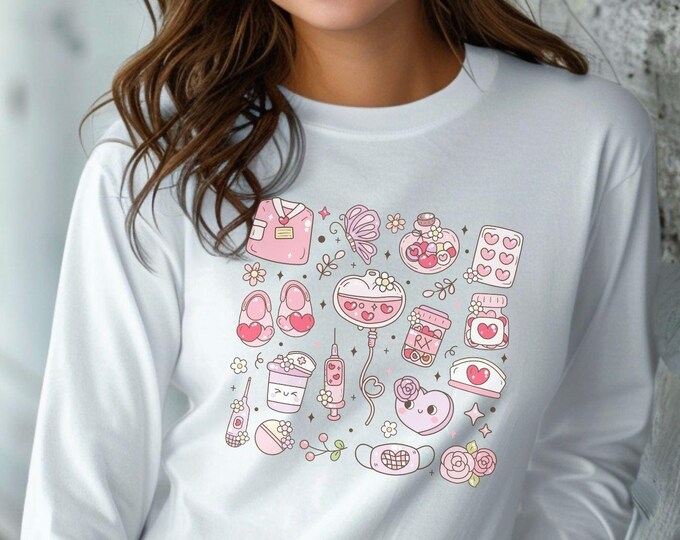 Nurse Valentine's Day shirt, nurse-themed apparel, doodle shirt, medical Valentine's shirt, cute nurse outfit, nurse appreciation gift