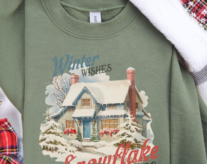 Winter Wishes & Snowflake Kisses, retro sweatshirt, nostalgic sweater, cozy apparel, festive clothing, Christmas shirt, vintage sweatshirt