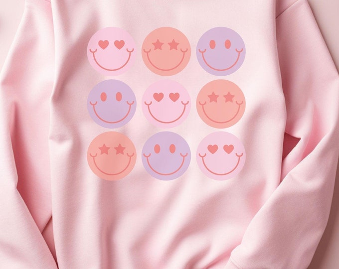 Happy Smiley Face, Valentine’s Day gift, cozy cute apparel, kawaii sweatshirt, cheerful positive clothing, casual wear, unique fashion