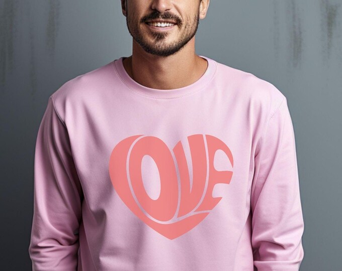 Love, retro sweatshirt, heart design sweater, Valentine’s Day apparel, vintage top, romantic gift, retro clothing, Valentine’s outfit