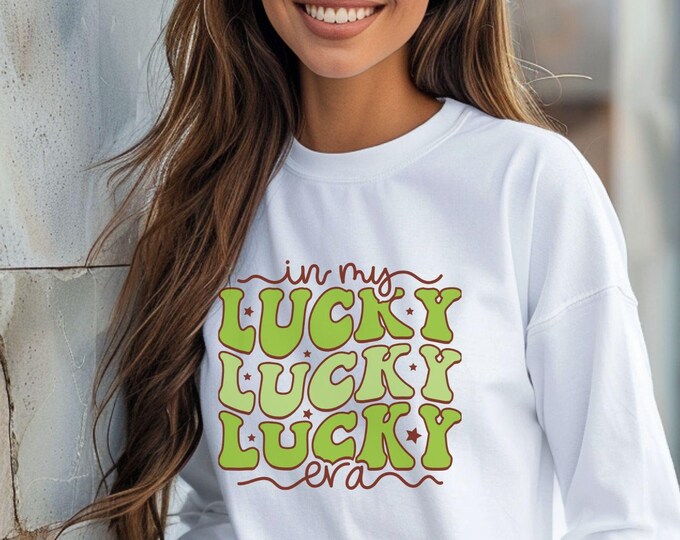 In My Lucky Era, Lucky sweatshirt, retro outfit, St. Patty’s Day fashion, trendy shirt, vintage apparel, St. Patrick’s Day sweatshirt