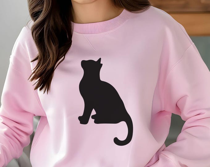 Minimalist Black Cat, Cat sweatshirt, black cat sweater, cat mom clothing, cozy pullover, feline lover gift, minimalist design, pet parent