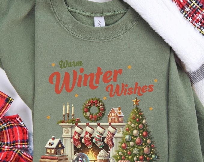 Warm Winter Wishes, Christmas sweatshirt, holiday sweatshirt, cozy outfit, winter season apparel, holiday gift idea, cozy vibes sweater
