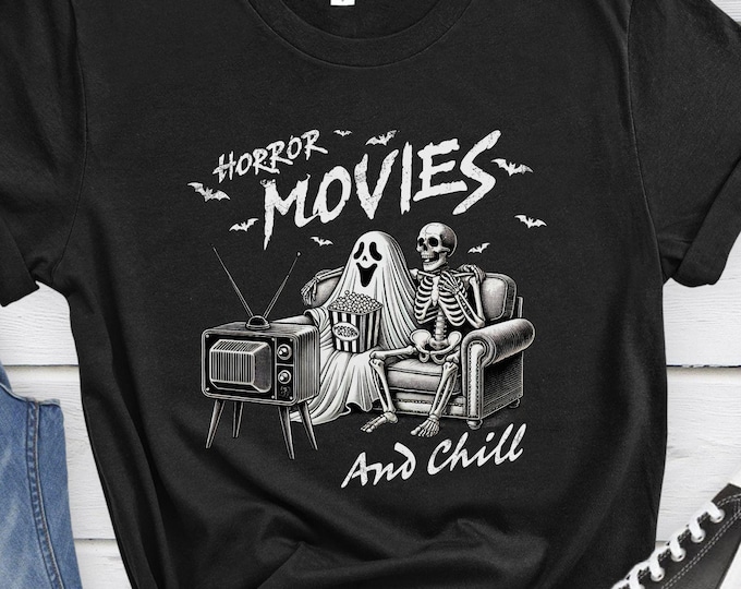 Horror Movies and Chill, Graphic tee, Vintage shirt, Spooky shirt, Horror movie shirt, Cute ghost shirt, Retro shirt, Funny shirt, Novelty