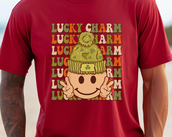 Lucky Charm Retro, St. Patrick’s Day shirt, retro tee, vintage outfit, lucky beanie design, shamrock apparel, trendy fashion, cute shirt