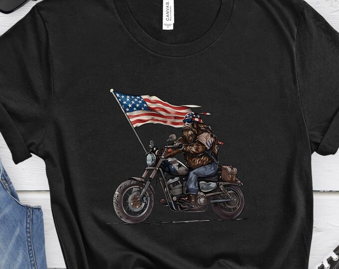 Patriotic Sasquatch on a Motorcycle, Graphic Tee, Patriotic Shirt, Summer Shirt, Fourth of July Shirt, Motorcycle Shirt, Flag Shirt, Novelty