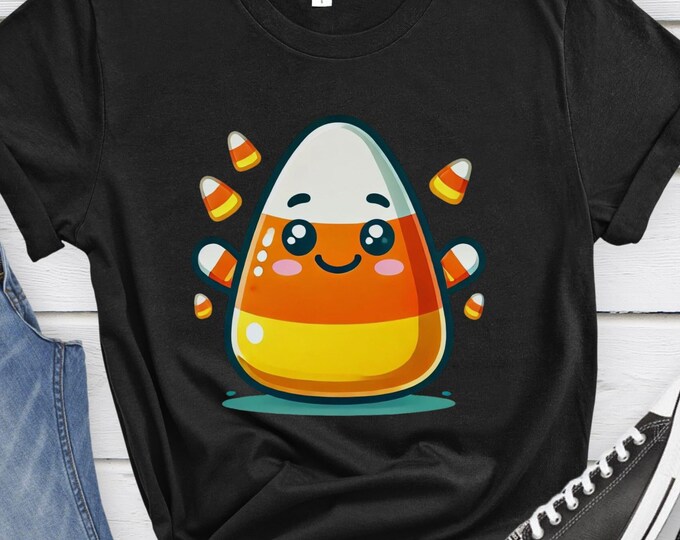 Happy Candy Corn, Cute Shirt, Kawaii graphic, Halloween Clothing, Halloween Shirt, Festive Shirt, Fun Apparel, Graphic Shirt, Candy Clothing