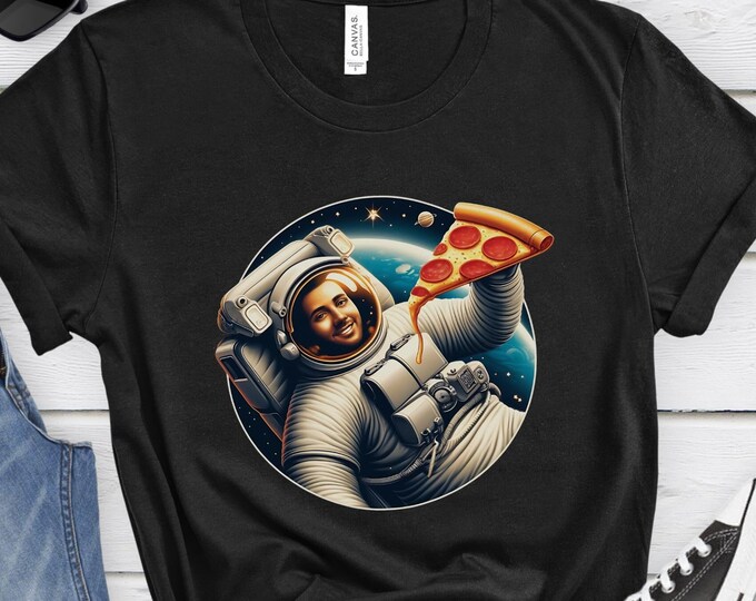 Astronaut with Pizza, Graphic Tee, Funny Graphic Shirt, Outerspace Shirt, Novelty Shirt, Astronaut Shirt, Cool Graphic Tee, Space lover Gift