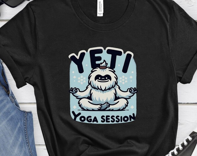 Yeti Yoga Session, Cryptid Lover's Tee, Funny Cartoon Design, Unique Gift, Mythical Creature Shirt, Whimsical Shirt, Selfie Tee, Yoga Shirt