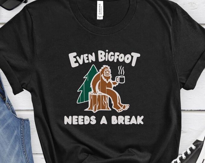 Even Bigfoot Needs a Break, Cryptid Lover's Tee, Funny Cartoon Design, Unique Gift, Mythical Creature Shirt, Whimsical Shirt, Selfie Tee