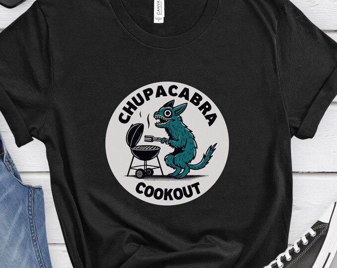 Chupacabra Cookout, Grilling, Cryptid Lover's Tee, Funny Cartoon Design, Unique Gift, Mythical Creature Shirt, Whimsical Shirt, Selfie Tee