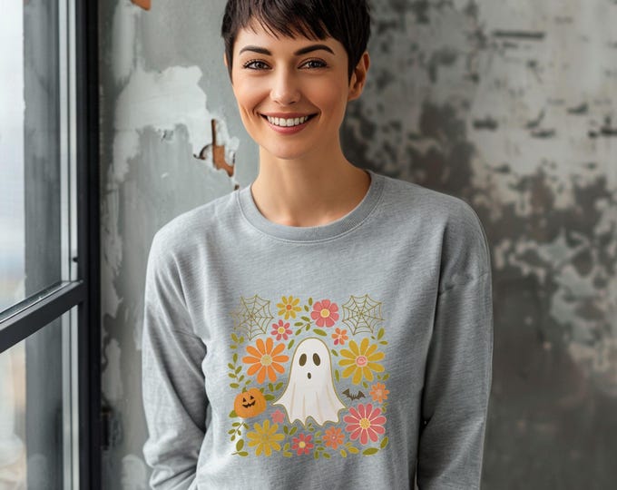 Cute Ghost, retro fall clothing, cozy autumn sweater, pumpkin patch outfit, Halloween, retro spooky season, crewneck, cozy fall sweatshirt,