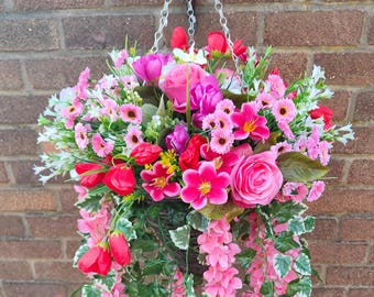 Artificial Hanging Basket With Hydrangeas – 12 Inch Coconut Lining, 2 Pack Mixed Colors