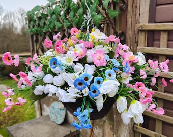 Pink White Blue Artificial Flower Hanging Basket Faux Flowers basket Summer Outdoor Hanging Basket 10 inch