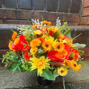 Orange Yellow Artificial Flower Grave Pot Roses for Memorial Decoration Cemetery Arrangement Graveside flowers