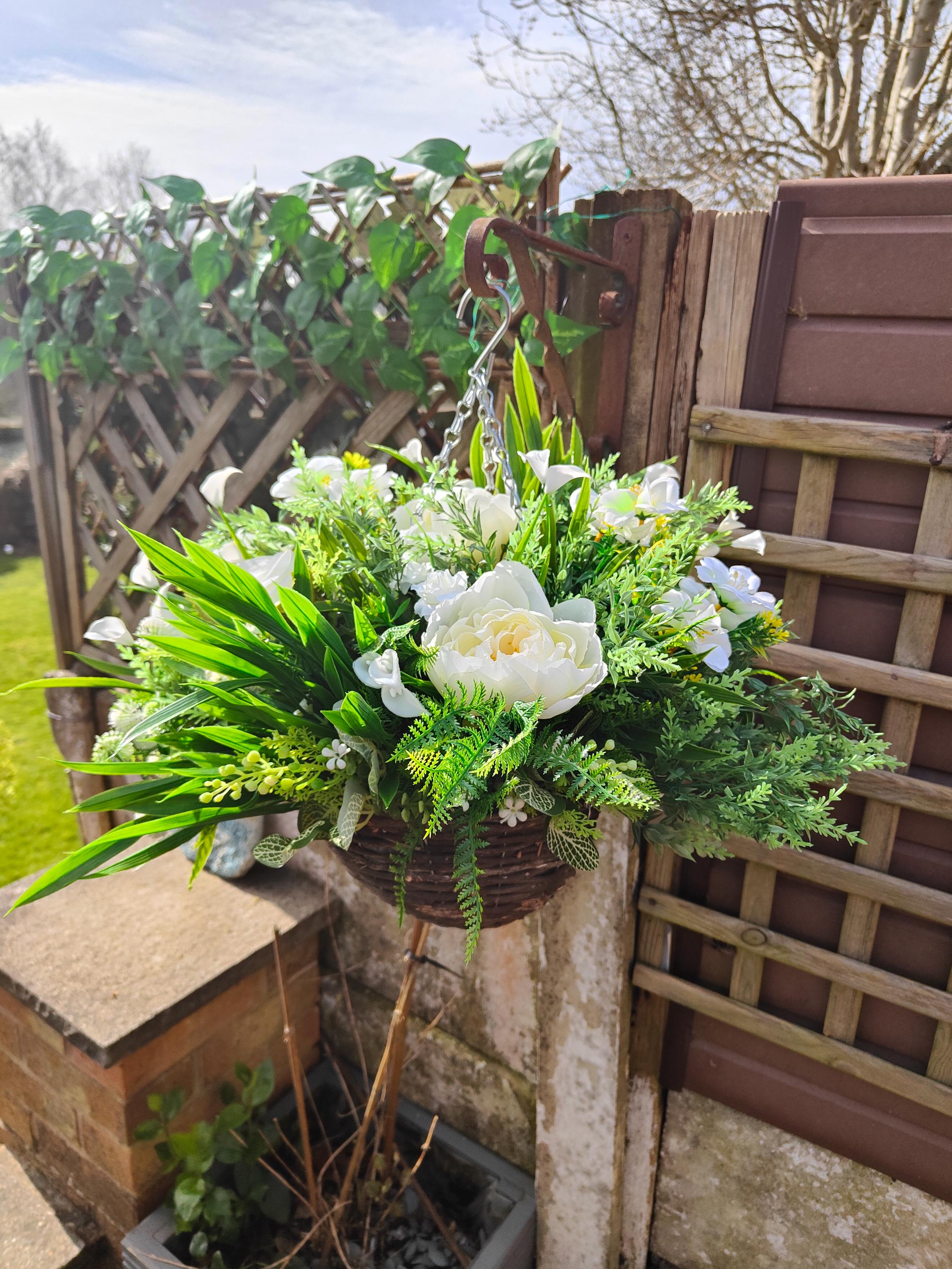 Natural White Cream Artificial Flower Hanging Basket Faux Flowers ...