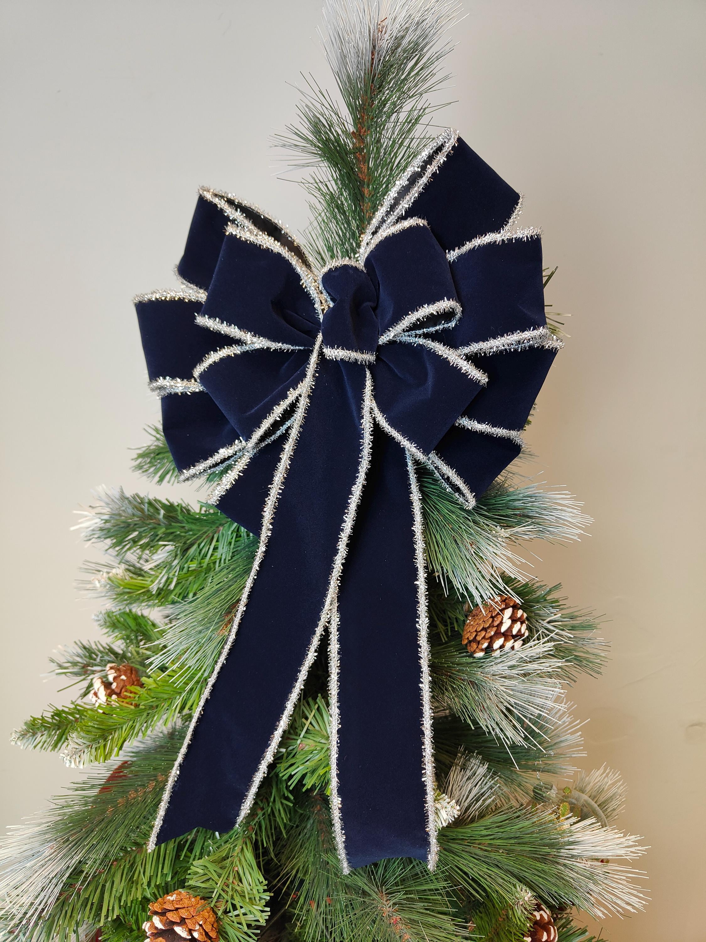 Navy Blue Silver Velvet Bow Wreath Christmas Tree Topper Bow Lantern ...