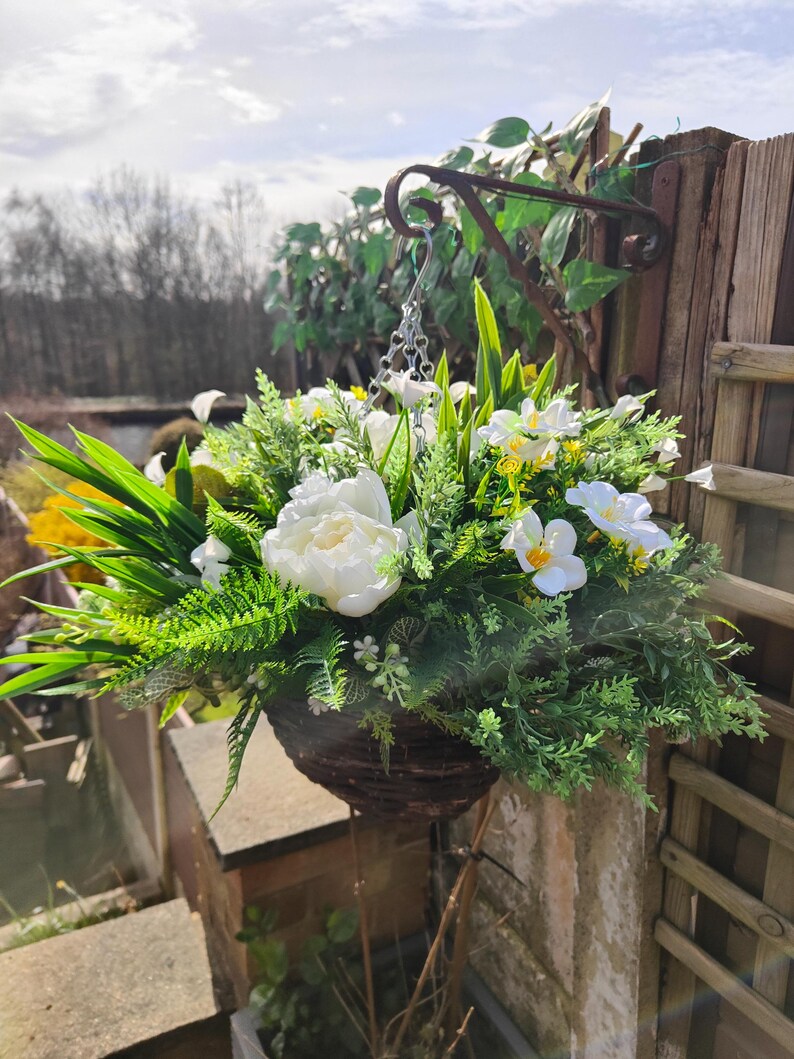Natural White Cream Artificial Flower Hanging Basket Faux Flowers ...