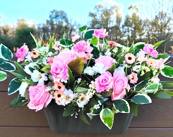 Artificial Flower Box for Fence or Balcony – Pink & White Floral Arrangement Roses