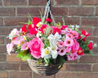 Red Pink Artificial Flower Hanging Basket Faux Flowers basket Summer Outdoor Hanging Basket  10 inch Spring