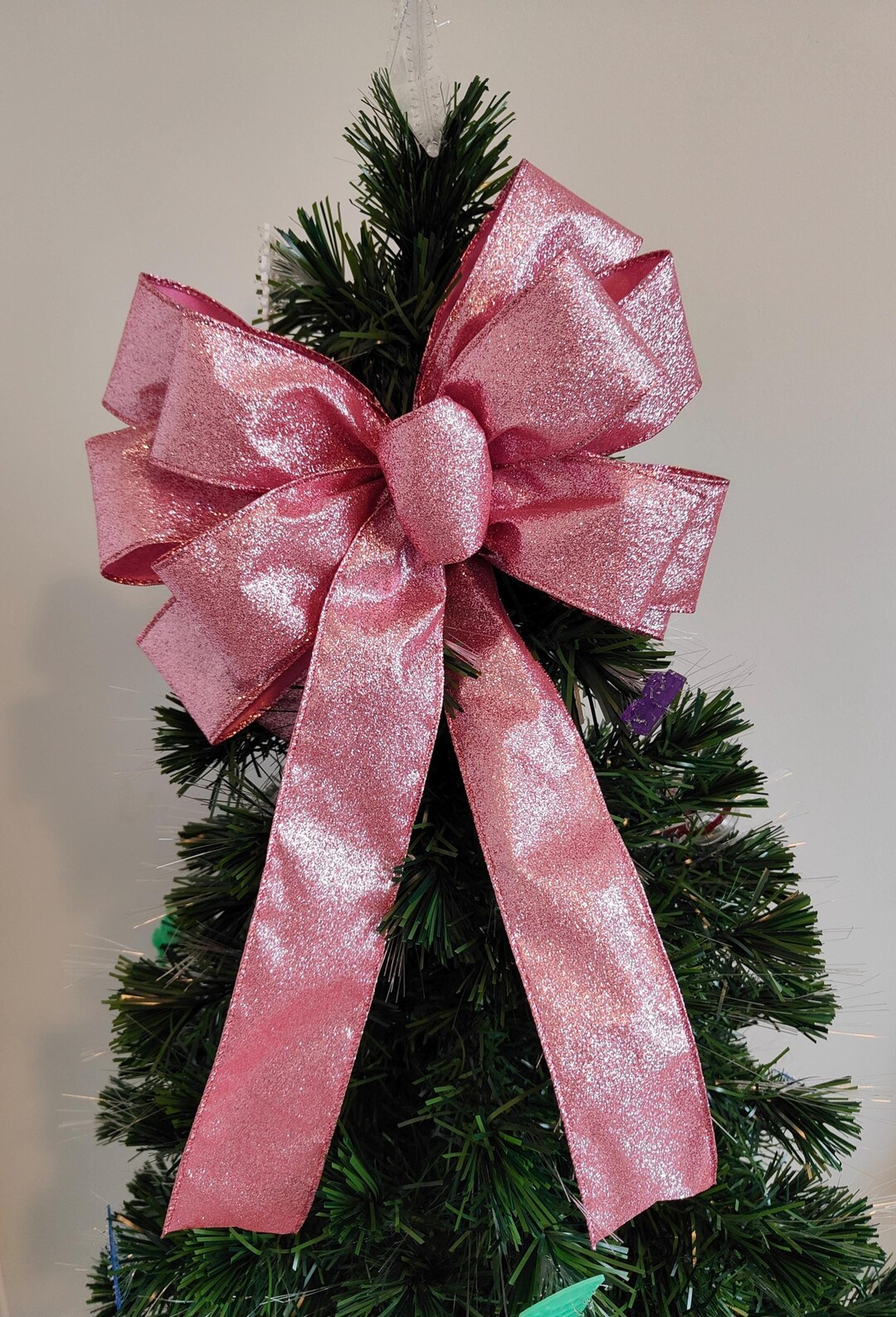 Pink Glitter Bow Wreath Christmas Tree Topper Bow Lantern Christmas Bow ...