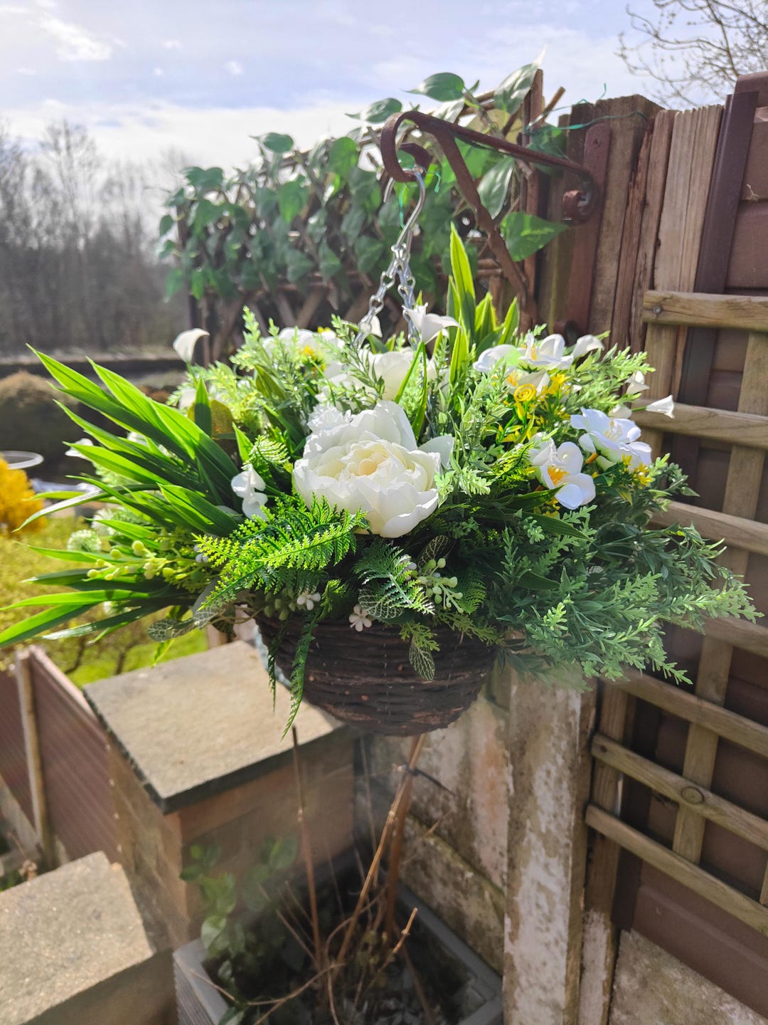 Natural White Cream Artificial Flower Hanging Basket Faux Flowers ...