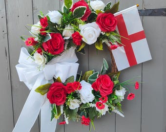 England St George Flag Wreath, Red White Rose Wreath, Football Door Decor, England Fan Decor, Faux Flower Wreath with Bow