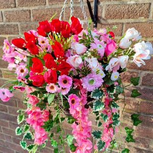 Red Pink Artificial Flower Hanging Basket Faux Flowers basket Summer Outdoor Hanging Basket Roses flower silk
