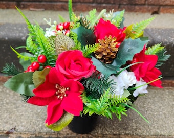 Red Rose Poinsettia Christmas Artificial Flower Grave Pot for Memorial Decoration Cemetery Arrangement Graveside flowers