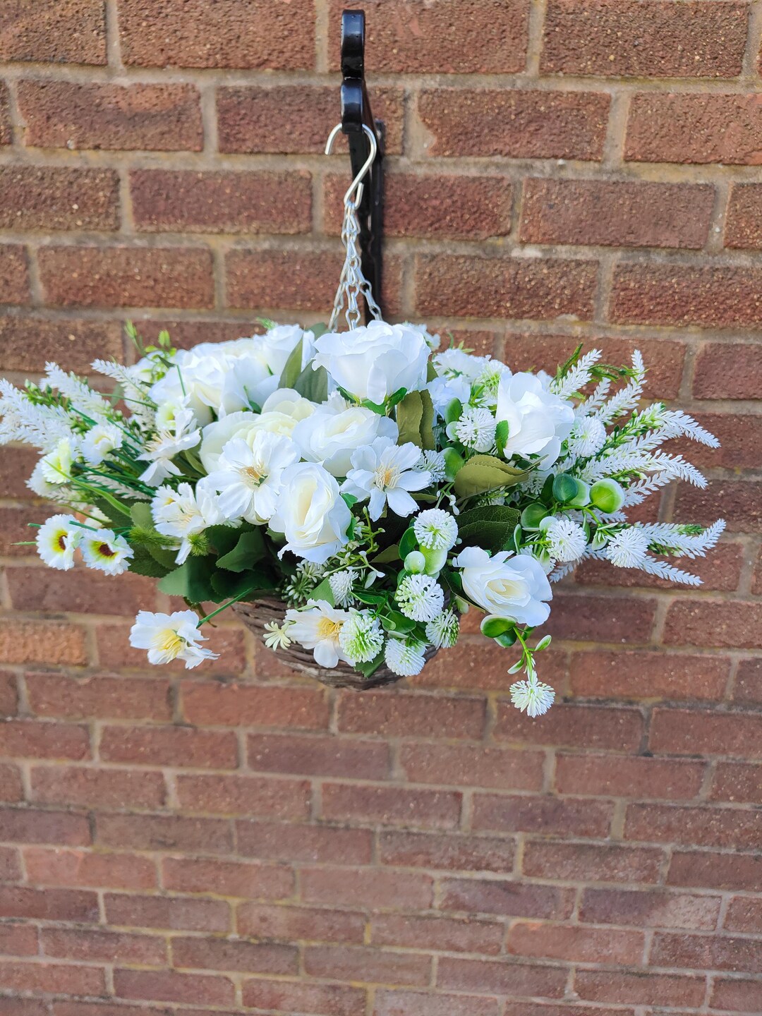 Natural White Cream Artificial Flower Hanging Basket Faux Flowers ...
