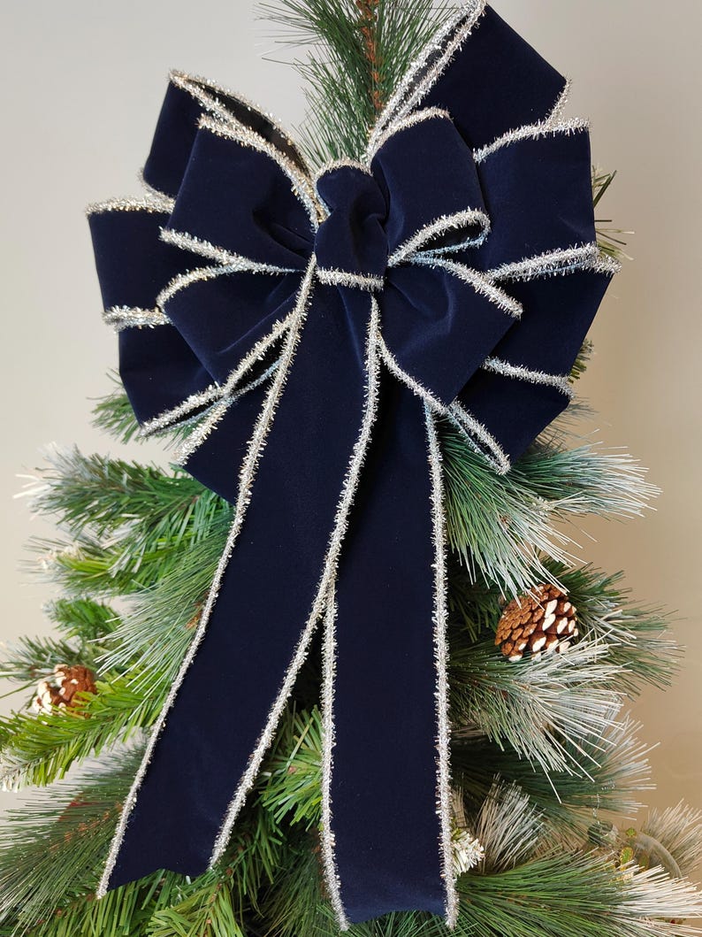 Navy Blue Silver Velvet Bow Wreath Christmas Tree Topper Bow Lantern ...