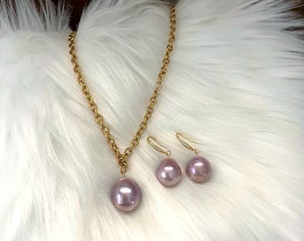 Lavender Purple Baroque Pearl Jewelry Set, 18K Gold Plated Necklace & Earrings, Large Purple Round Pearl, 17mm Pendant, 14mm Drop Earrings