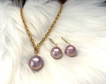 Lavender Purple Baroque Pearl Jewelry Set, 18K Gold Plated Necklace & Earrings, Large Purple Round Pearl, 17mm Pendant, 14mm Drop Earrings