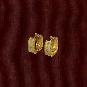 May include: A pair of gold hoop earrings featuring a textured, brushed metal finish and a series of small, clear, sparkling stones arranged in floral-like patterns along the outer surface of each hoop, secured with a hinged post closure.