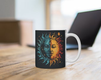 Sun And Moon Mug | Black Mug | Planets Mug | Sun Mug | Moon Mug | Ceramic Mug | 11 oz.