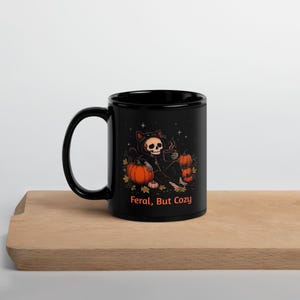 Halloween Skeleton Cat Mug, Cozy Spooky Coffee Mug, Black Cat Costume Skeleton Cup, Pumpkin Patch Coffee Mug, Cute Autumn Mug